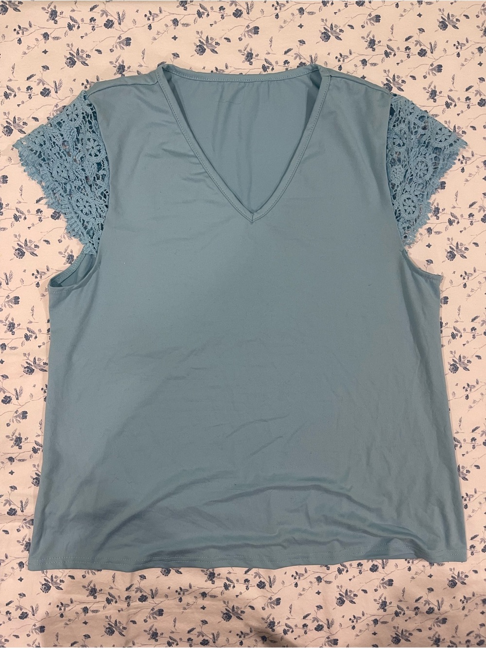 SHEIN Teal Lace Cap Sleeve V-Neck Tank
